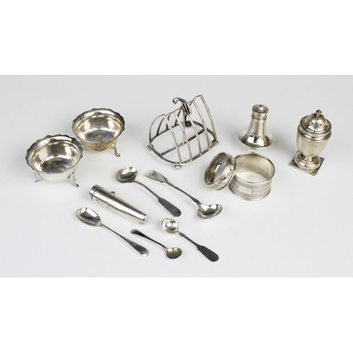 108 - A selection of silver and white metal tableware, to include a Edwardian small silver four division t... 