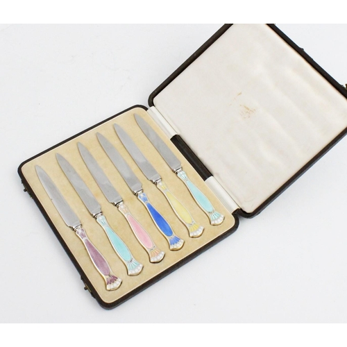 118 - A boxed set of six Art Deco silver and enamel fruit knives by Turner & Simpson, Birmingham 1934, eac... 