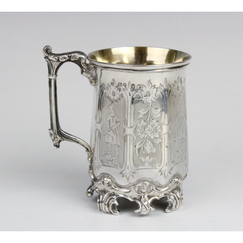 120 - A Victorian silver mug by H J Lias & Son, London 1857, of faceted cylindrical form with leaf-capped ... 