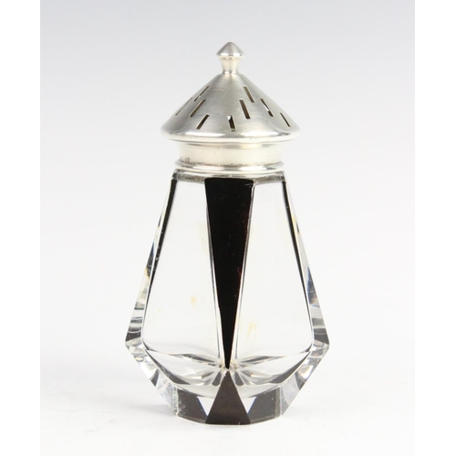 14 - An Art Deco silver mounted glass sugar caster by Roberts & Dore Ltd, London (date letter worn), of g... 