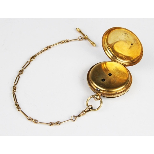 167 - A Victorian Continental 18ct gold fob watch, the gold toned circular dial with engraved decoration a... 