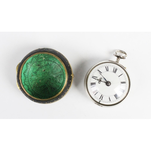 169 - A George III pair case pocket watch, the round white ceramic dial with Roman numerals, set to a plai... 