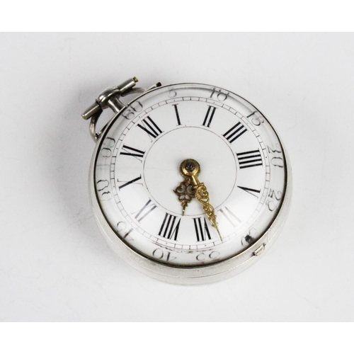 170 - A Georgian pair cased verge pocket watch, the circular white ceramic dial with Roman and Arabic nume... 