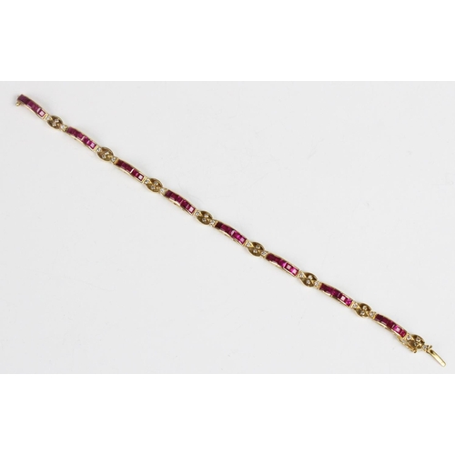 301 - A ruby and diamond 18ct gold line bracelet, comprising eight panels each set with five square step c... 