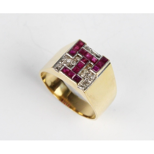 318 - MASONIC INTEREST: A diamond and ruby 18ct gold triple tau chapter ring, the square crown embossed wi... 