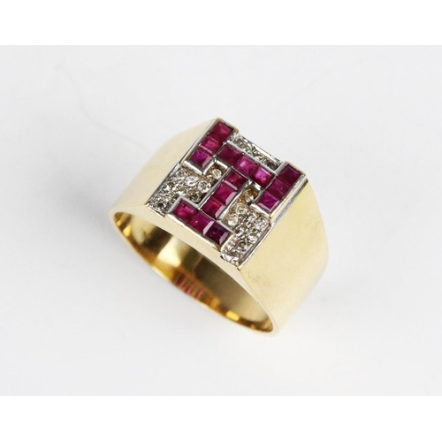 318 - MASONIC INTEREST: A diamond and ruby 18ct gold triple tau chapter ring, the square crown embossed wi... 