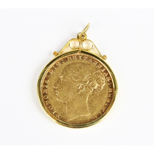 337 - A Victorian gold sovereign, dated 1876, set to a 9ct gold pendant mount, weight 9.2gms