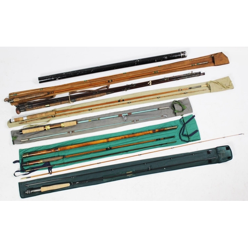 481 - Six assorted fishing rods, to include; 'The Warrior' rod two-piece split cane, a four-piece split ca... 