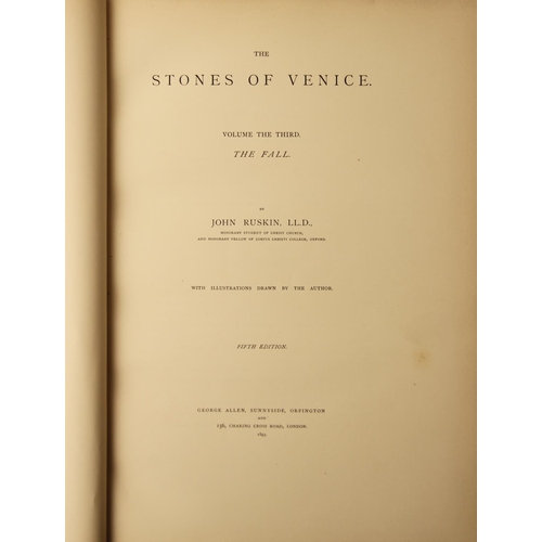 492 - RUSKIN (J), THE STONES OF VENICE, With Illustrations Drawn By The Author, 3 vols, 3/4 leather, red c... 