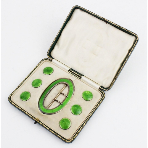 115 - An Edwardian silver and green enamel belt buckle by Deakin & Francis, Birmingham 1910, 7.8cm x 5cm, ... 