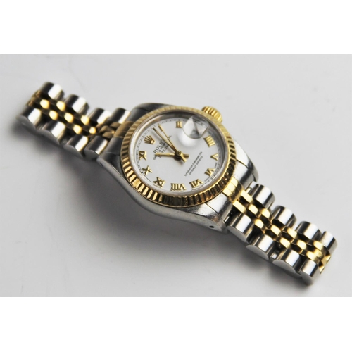 154 - A ladies bi-metal stainless steel Rolex Oyster Perpetual Date-just wristwatch, the circular white di... 