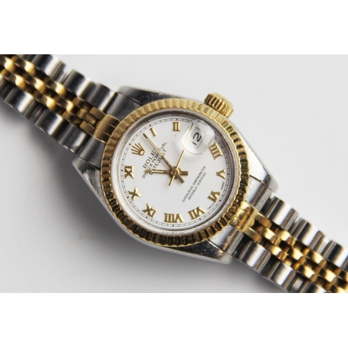 154 - A ladies bi-metal stainless steel Rolex Oyster Perpetual Date-just wristwatch, the circular white di... 