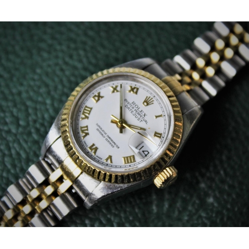 154 - A ladies bi-metal stainless steel Rolex Oyster Perpetual Date-just wristwatch, the circular white di... 