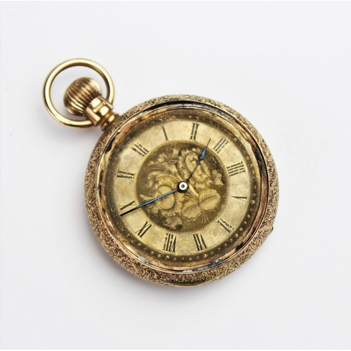 157 - An Edwardian 9ct gold open face fob watch, the round gold toned dial with black Roman numerals and e... 