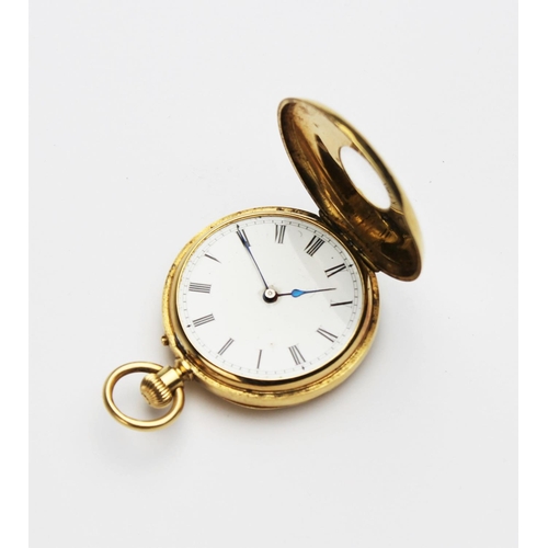 162 - A Continental 18ct gold half hunter fob watch, the round white enamel dial with Roman numerals, set ... 