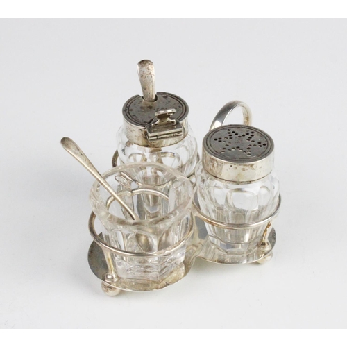 87 - A late Victorian three-piece silver and cut glass cruet set and stand by Hukin & Heath, London 1899,... 