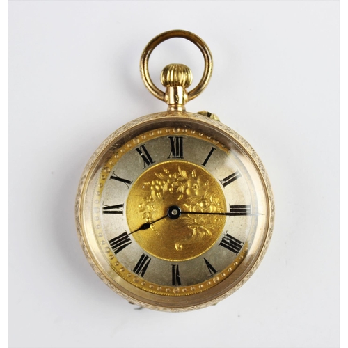 158 - An early 20th century 14ct gold fob watch, the round gold toned dial with Roman numerals and engrave... 