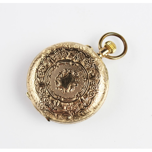 158 - An early 20th century 14ct gold fob watch, the round gold toned dial with Roman numerals and engrave... 