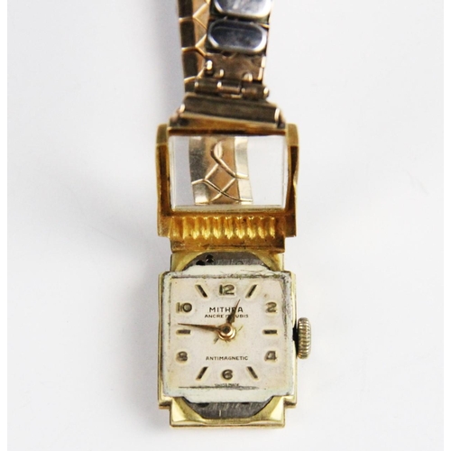 176 - A lady's vintage 18ct gold Mithra wristwatch, the square cream colour dial with Arabic and baton mar... 