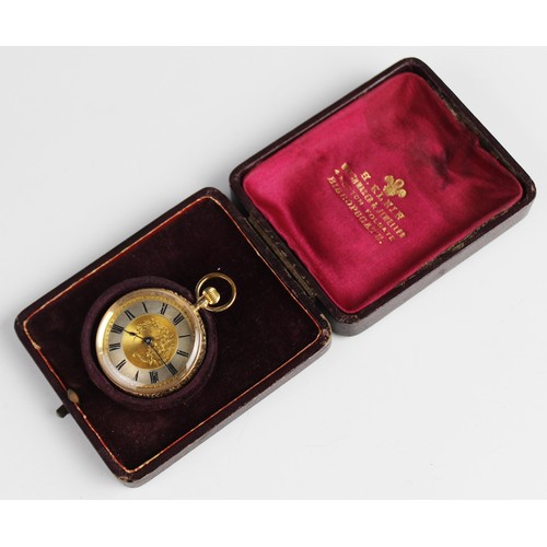 158 - An early 20th century 14ct gold fob watch, the round gold toned dial with Roman numerals and engrave... 