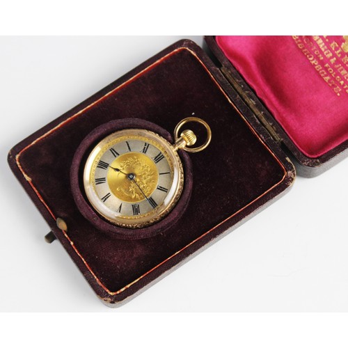 158 - An early 20th century 14ct gold fob watch, the round gold toned dial with Roman numerals and engrave... 