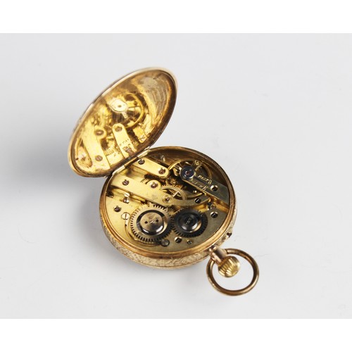 158 - An early 20th century 14ct gold fob watch, the round gold toned dial with Roman numerals and engrave... 