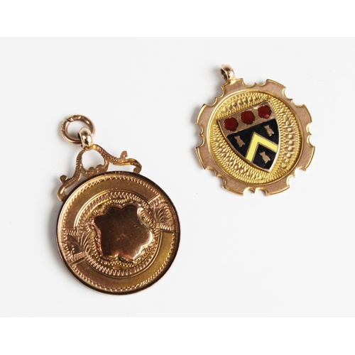 305 - A 9ct gold and enamel football medallion, of circular form with shaped border, enamel Oldham crest t... 