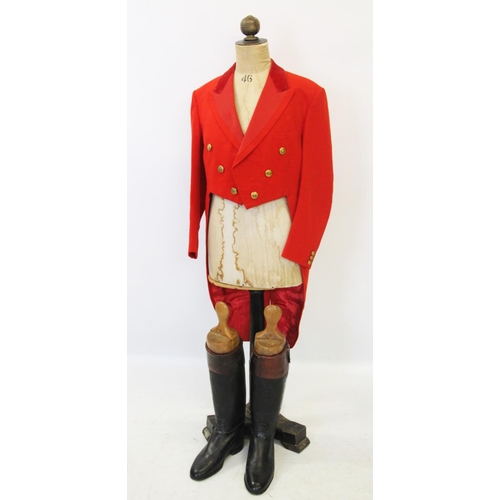 420 - A scarlet evening hunt jacket with tails and gilt buttons, satin lined, 110cm long, along with a sca... 