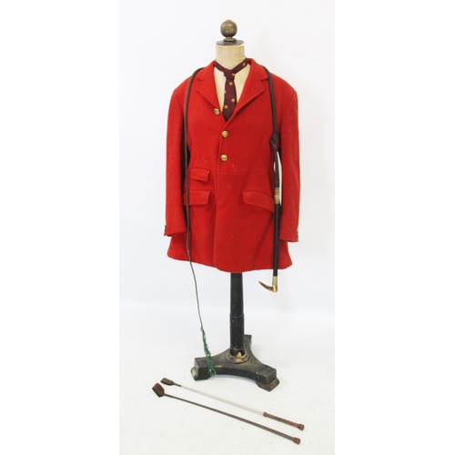 420 - A scarlet evening hunt jacket with tails and gilt buttons, satin lined, 110cm long, along with a sca... 