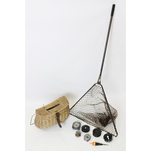 461A - A collection of angling items to include a split cane two-piece rod, a wicker fishing basket and a c... 