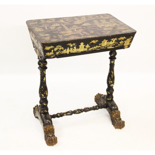 971 - A William IV Canton lacquer chinoiserie sewing table, applied with gilt decoration depicting figures... 