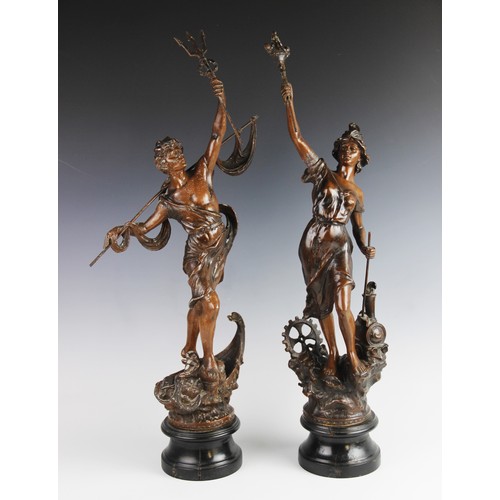 401 - A pair of early 20th century brass candlesticks, each of classical vase form and with applied figura... 