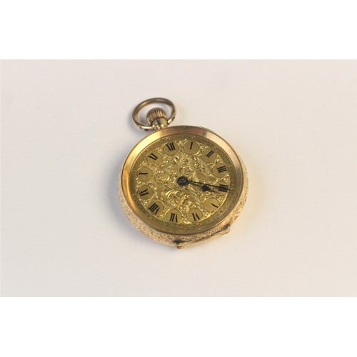 178 - A Continental 14ct gold fob watch, the gold toned dial with engraved decoration and black Roman nume... 