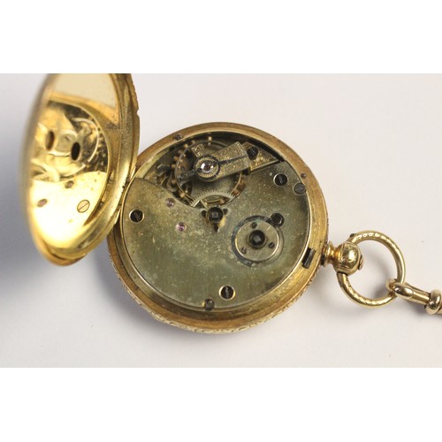 167 - A Victorian Continental 18ct gold fob watch, the gold toned circular dial with engraved decoration a... 