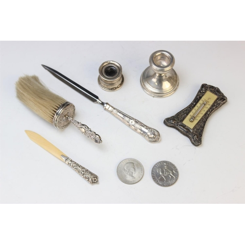 100 - A selection of silver deskware and accessories, to include; a silver handled letter opener by Harris... 