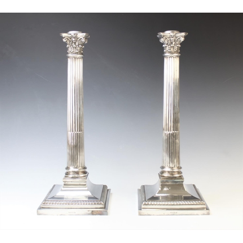 113 - A large pair of silver plated lamp bases, Hawksworth Eyre & Co, each of tapering stop fluted form, w... 