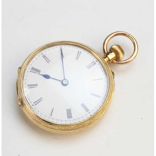 125 - A Victorian 18ct gold open face fob watch, the round white enamel dial with Roman numerals, set to a... 