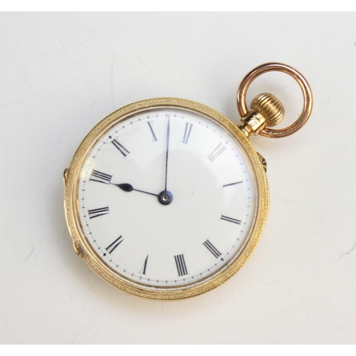 125 - A Victorian 18ct gold open face fob watch, the round white enamel dial with Roman numerals, set to a... 