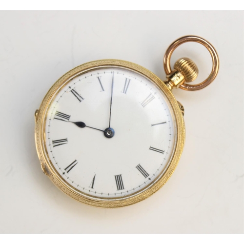 125 - A Victorian 18ct gold open face fob watch, the round white enamel dial with Roman numerals, set to a... 