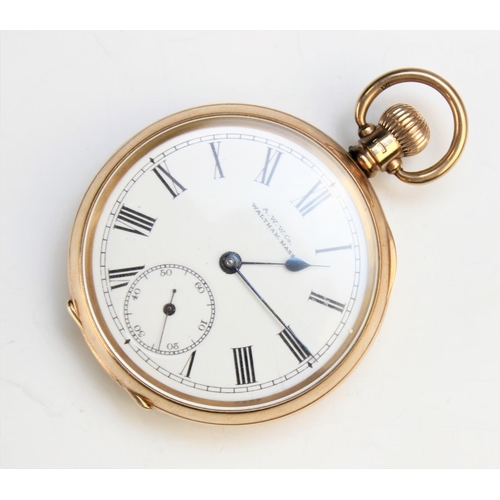 126 - A 9ct gold open face pocket watch by Waltham, the white enamel circular dial with Roman numerals and... 