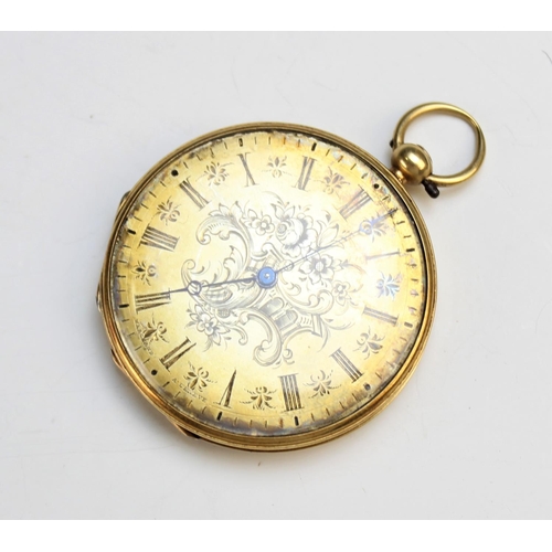 127 - An open face pocket watch, 19th century, the gilt dial with decorative floral detail and Roman numer... 