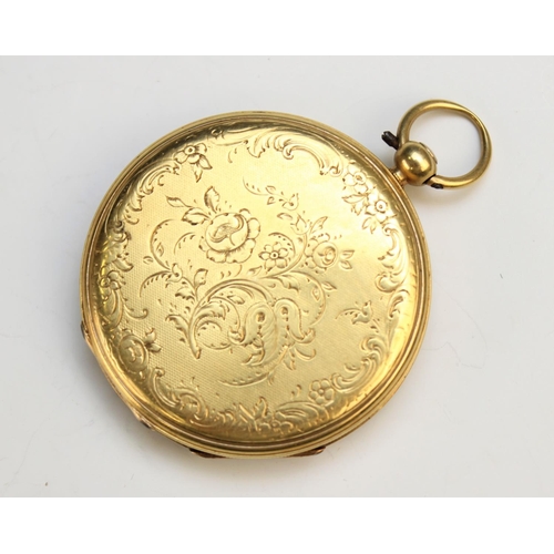 127 - An open face pocket watch, 19th century, the gilt dial with decorative floral detail and Roman numer... 