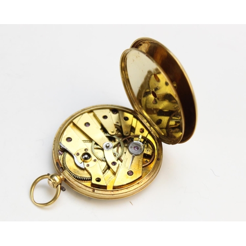 127 - An open face pocket watch, 19th century, the gilt dial with decorative floral detail and Roman numer... 