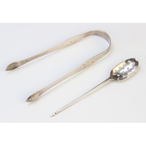 24 - A silver mote spoon possibly Benjamin Cartwright II circa 1750, of typical form with pierced bowl an... 