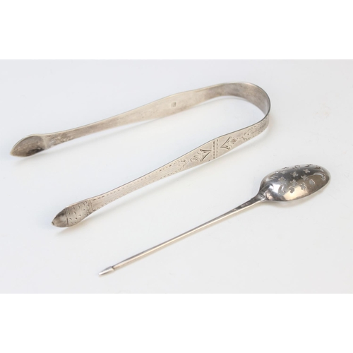 24 - A silver mote spoon possibly Benjamin Cartwright II circa 1750, of typical form with pierced bowl an... 