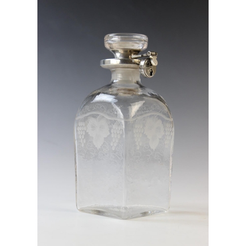 33 - A George V glass and silver locking decanter by Asprey & Co Ltd, Birmingham 1932, of square form dec... 
