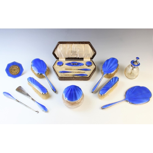 40 - A George V silver and guilloche enamel fifteen piece dressing table set by Albert Carter, Birmingham... 