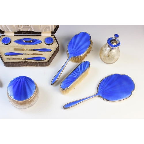 40 - A George V silver and guilloche enamel fifteen piece dressing table set by Albert Carter, Birmingham... 