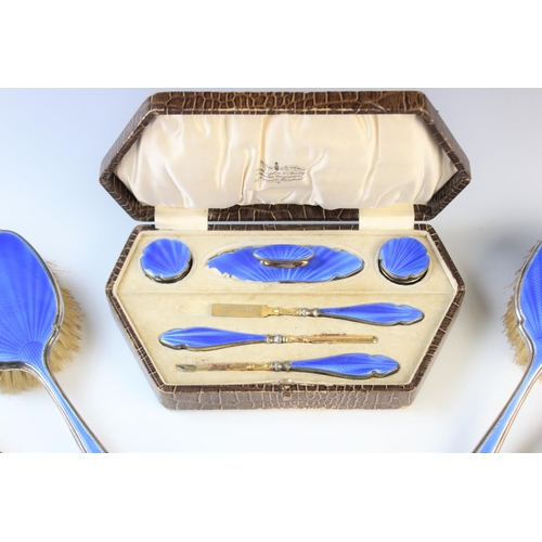 40 - A George V silver and guilloche enamel fifteen piece dressing table set by Albert Carter, Birmingham... 