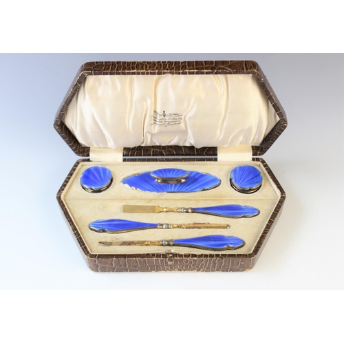 40 - A George V silver and guilloche enamel fifteen piece dressing table set by Albert Carter, Birmingham... 